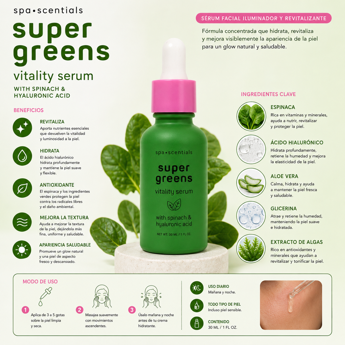 SPA ESSENTIALS, Serum Facial, Super Green