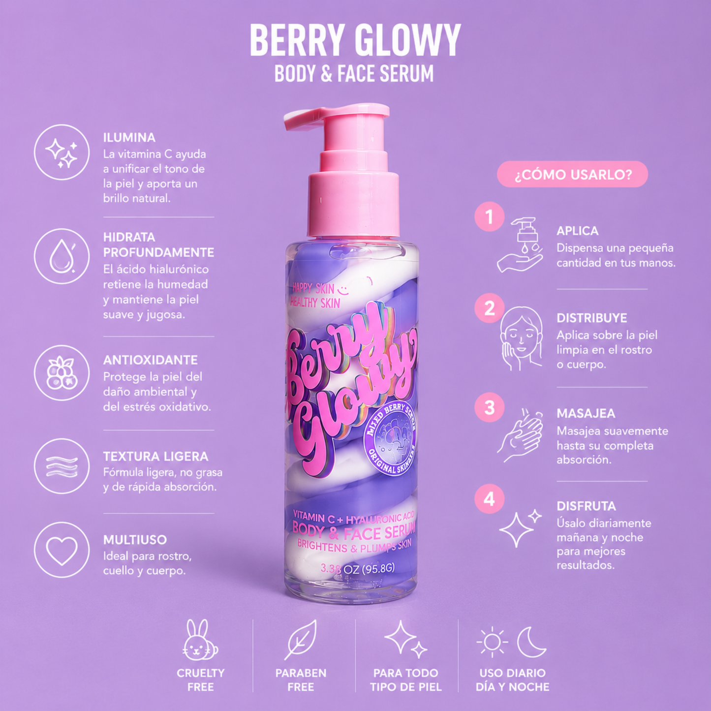 HAPPY SKIN Berry Glowy Body & Face Serum – Vitamina C + Ácido Hialurónico