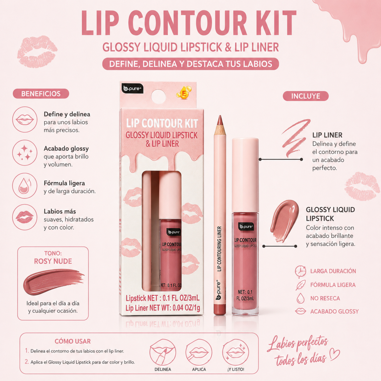 b.pure Lip Contour Kit – Glossy Liquid Lipstick & Lip Liner