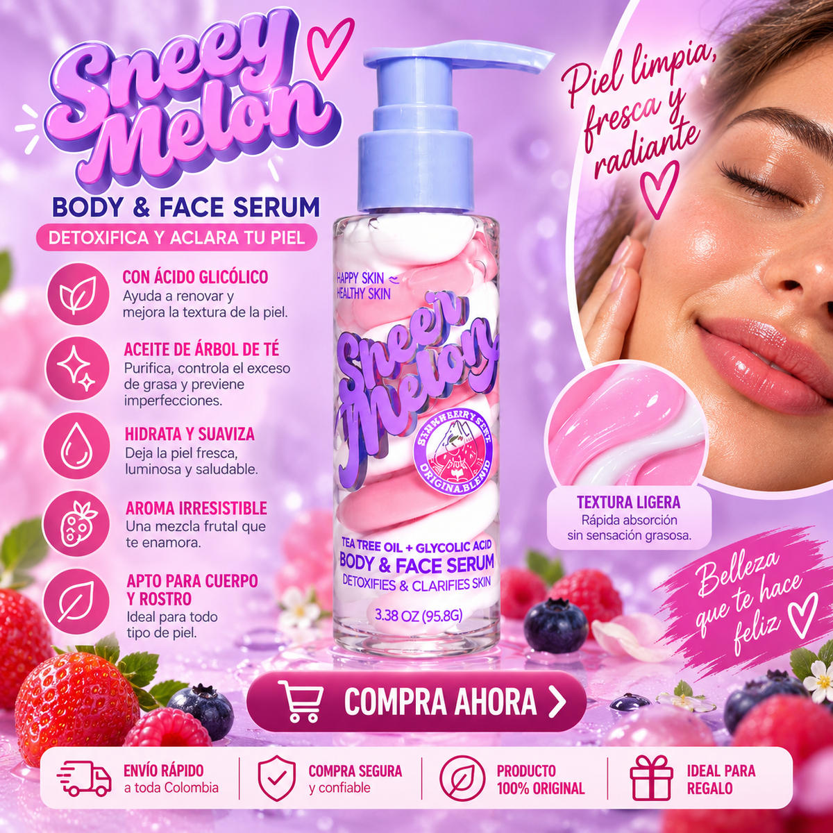 HAPPY SKIN Sheer Melody Body & Face Serum – Tea Tree Oil + Ácido Glicólico *38