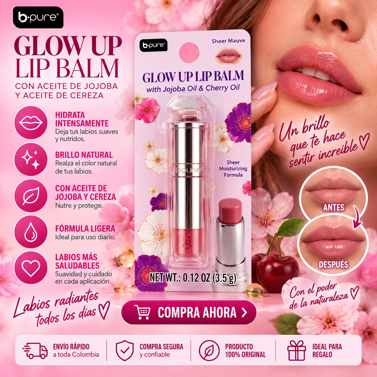 B.PURE - Glow Up Lip Balm con Aceite de Jojoba y Aceite de Cereza *65