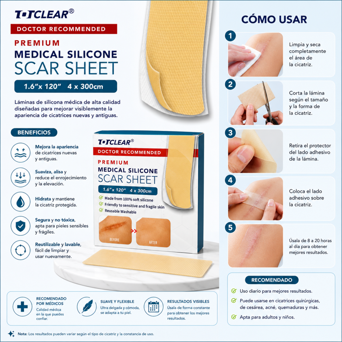 TOTCLEAR® Premium Medical Silicone Scar Sheet – Lámina de Silicona para Cicatrices