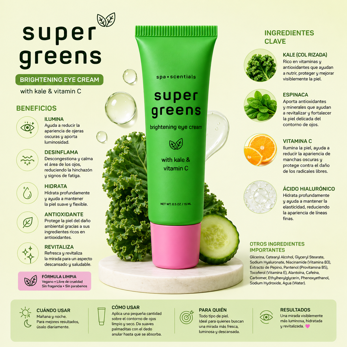 SPA ESSENTIALS, Crema de Ojos, Super Green
