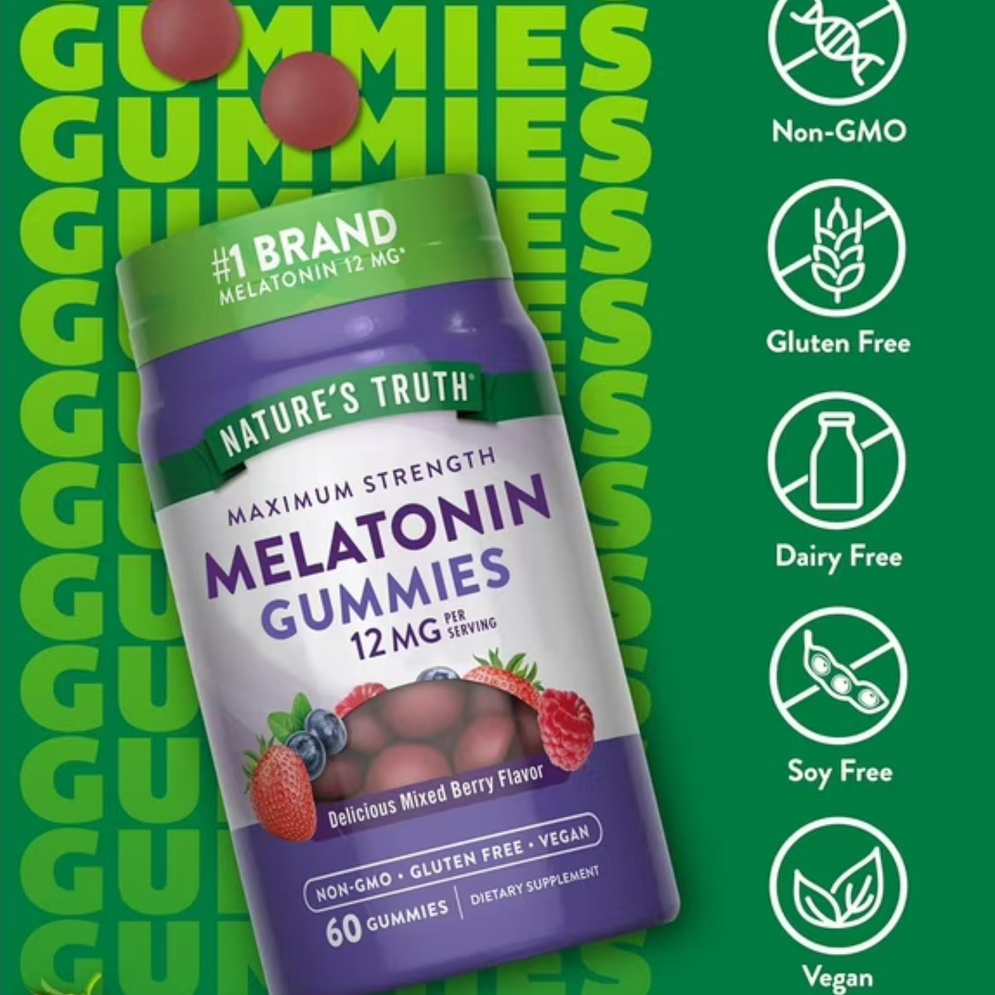 Melatonin Gummies | 12mg | Vegan, Non-GMO & Gluten Free | Mixed Berry Flavor | by Nature's Truth