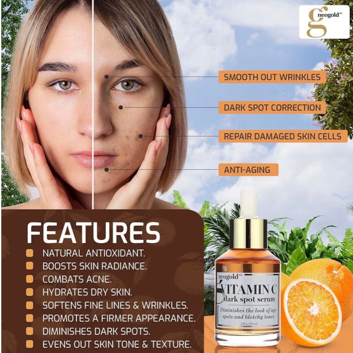 Neogold Brightening Vitamin C Face Serum 2oz/59ml