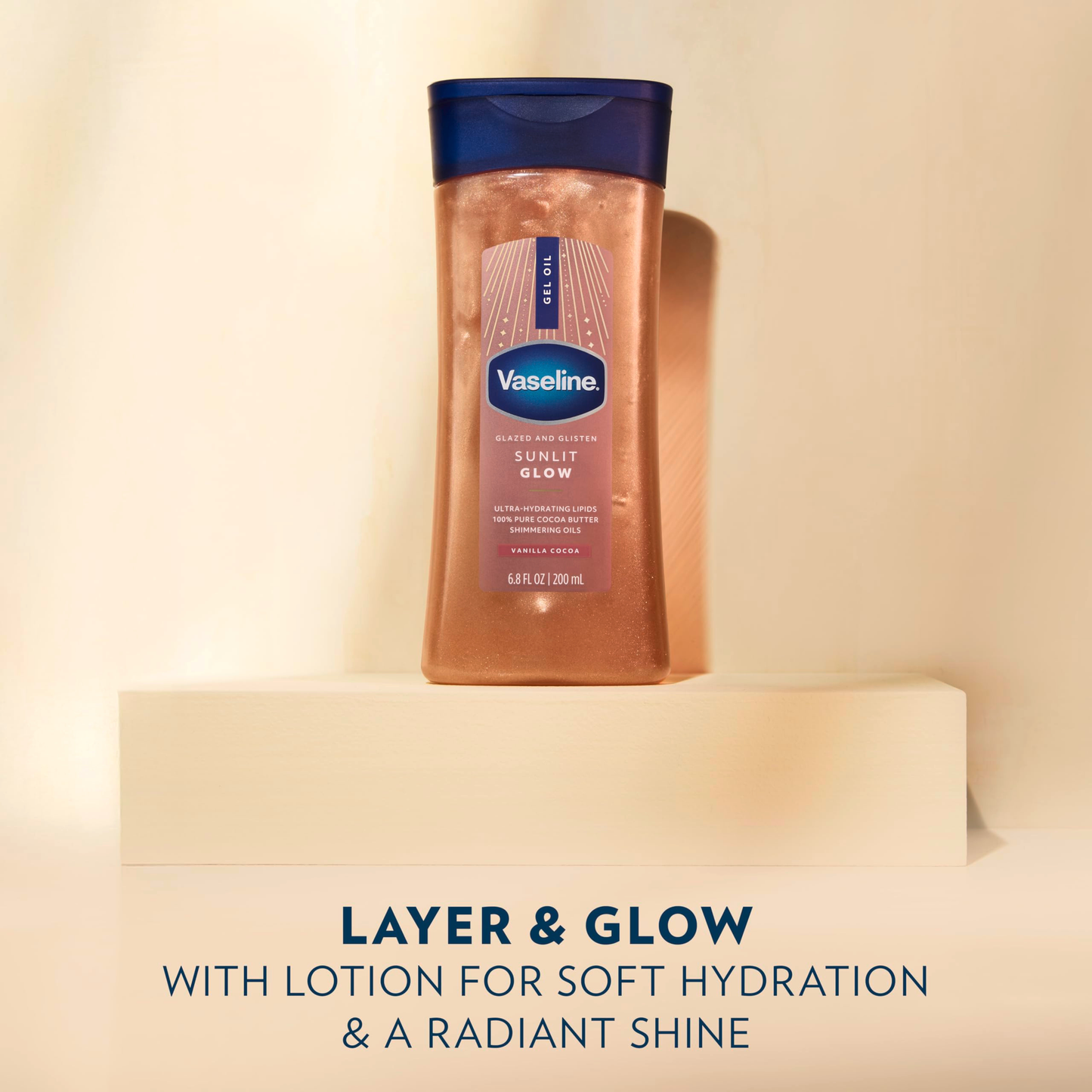 Vaseline Glazed & Glisten Sunlit Glow Vanilla Cocoa Shimmering Body Gel Oil with Ultra-Hydrating Lipids and 100% Pure Cocoa Butter, 6.8 fl Oz