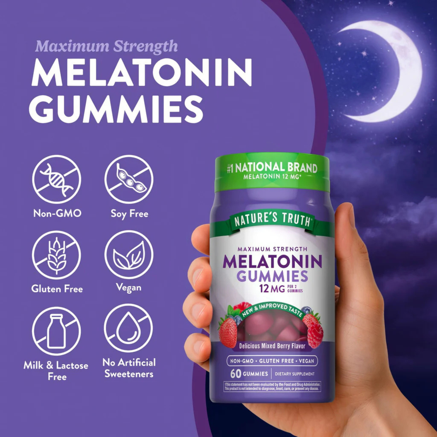 Melatonin Gummies | 12mg | Vegan, Non-GMO & Gluten Free | Mixed Berry Flavor | by Nature's Truth