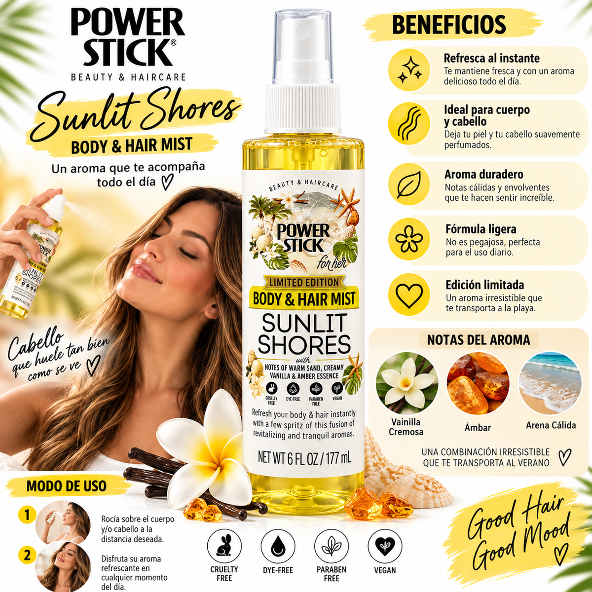 POWER STICK, Splash para el Cabello y Cuerpo ((Sunlit Shore)