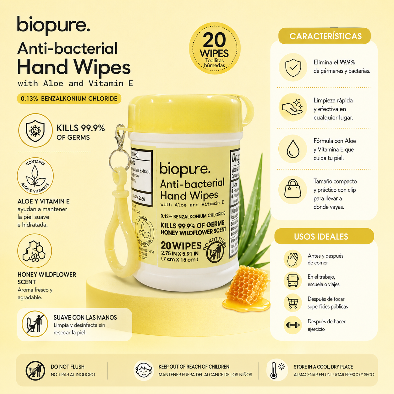 Biopure Anti-Bacterial Hand Wipes con Aloe y Vitamina E