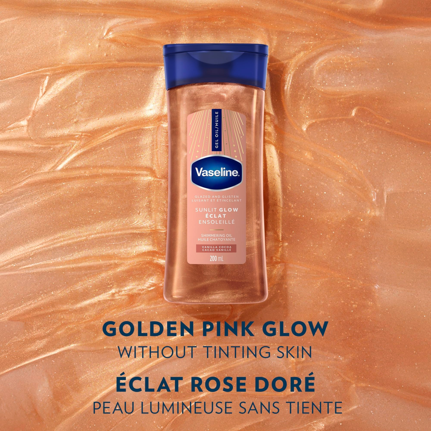 Vaseline Glazed & Glisten Sunlit Glow Vanilla Cocoa Shimmering Body Gel Oil with Ultra-Hydrating Lipids and 100% Pure Cocoa Butter, 6.8 fl Oz