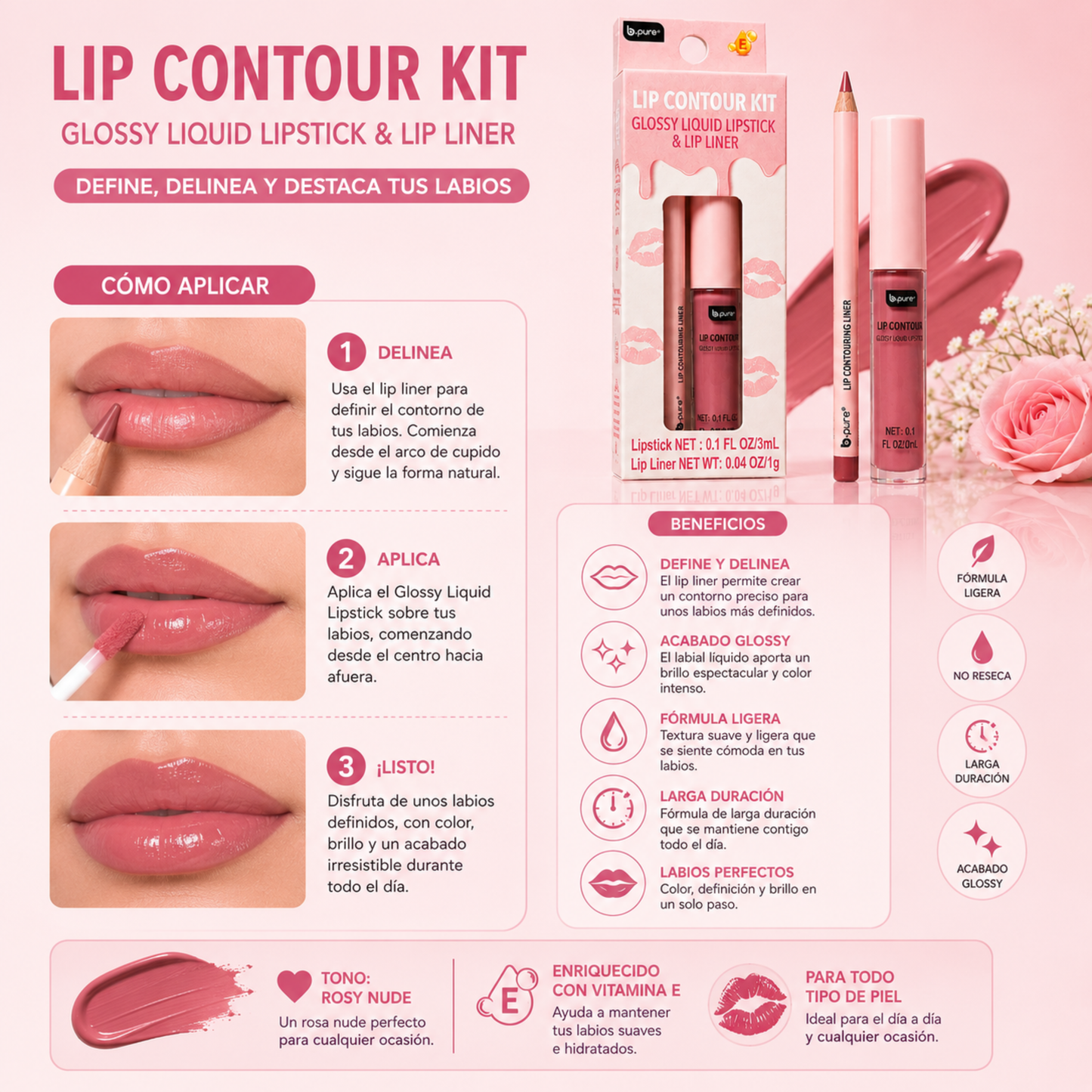 b.pure Lip Contour Kit – Glossy Liquid Lipstick & Lip Liner