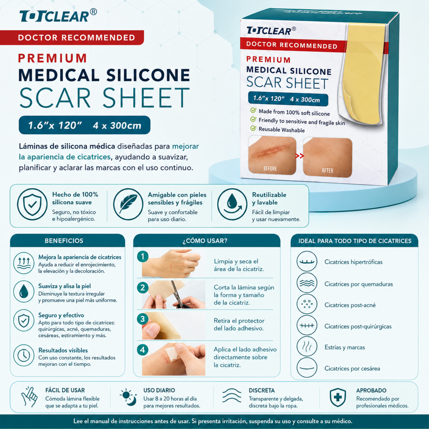TOTCLEAR® Premium Medical Silicone Scar Sheet – Lámina de Silicona para Cicatrices