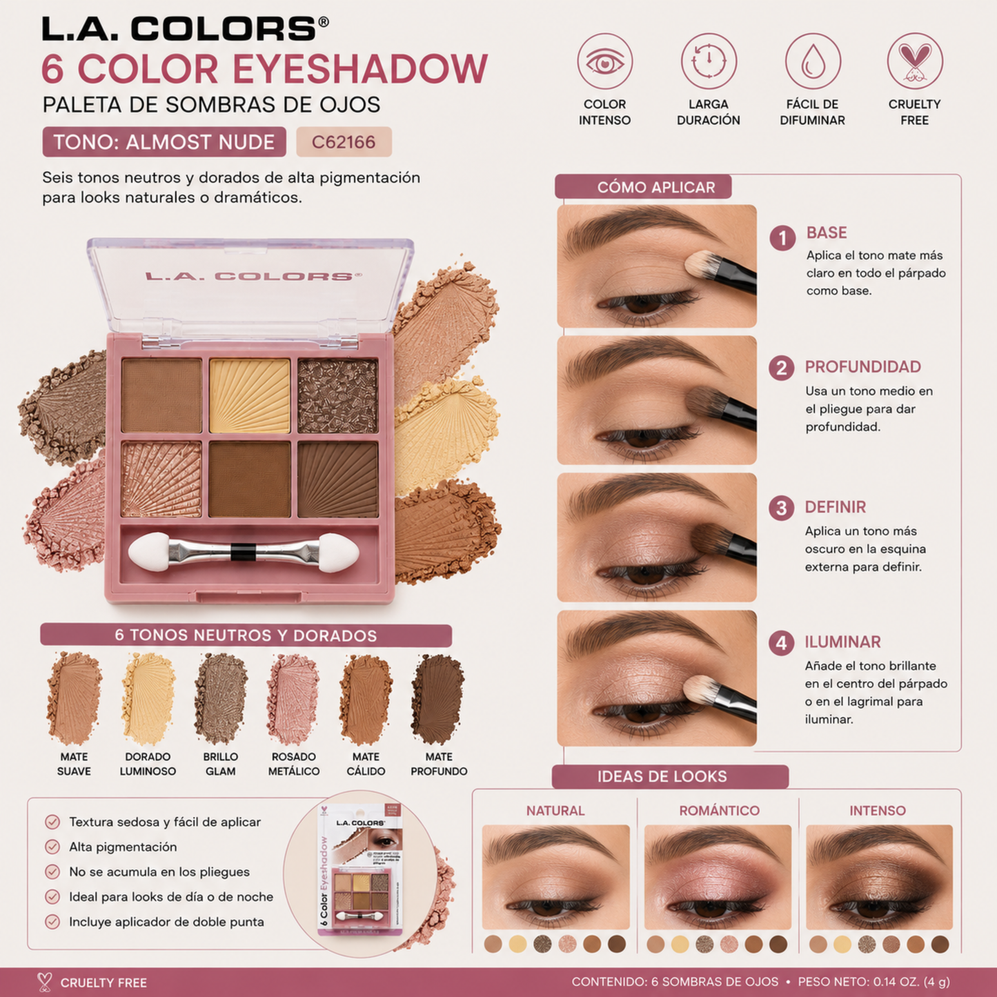 L.A. COLORS 6 Color Eyeshadow – Tono Almost Nude