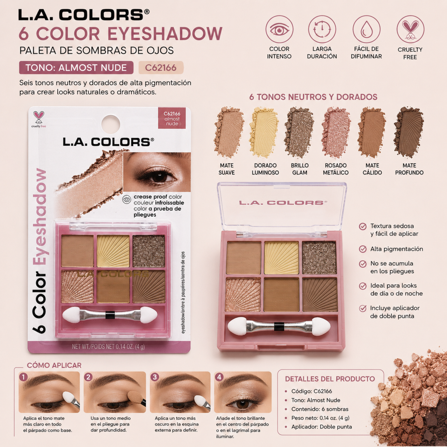 L.A. COLORS 6 Color Eyeshadow – Tono Almost Nude