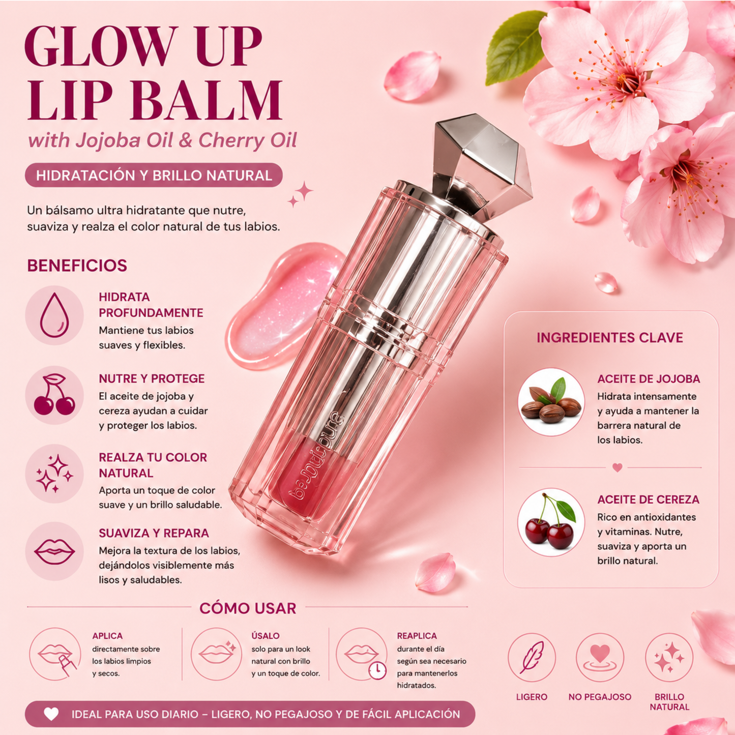 Glow Up Lip Balm con Aceite de Jojoba y Aceite de Cereza