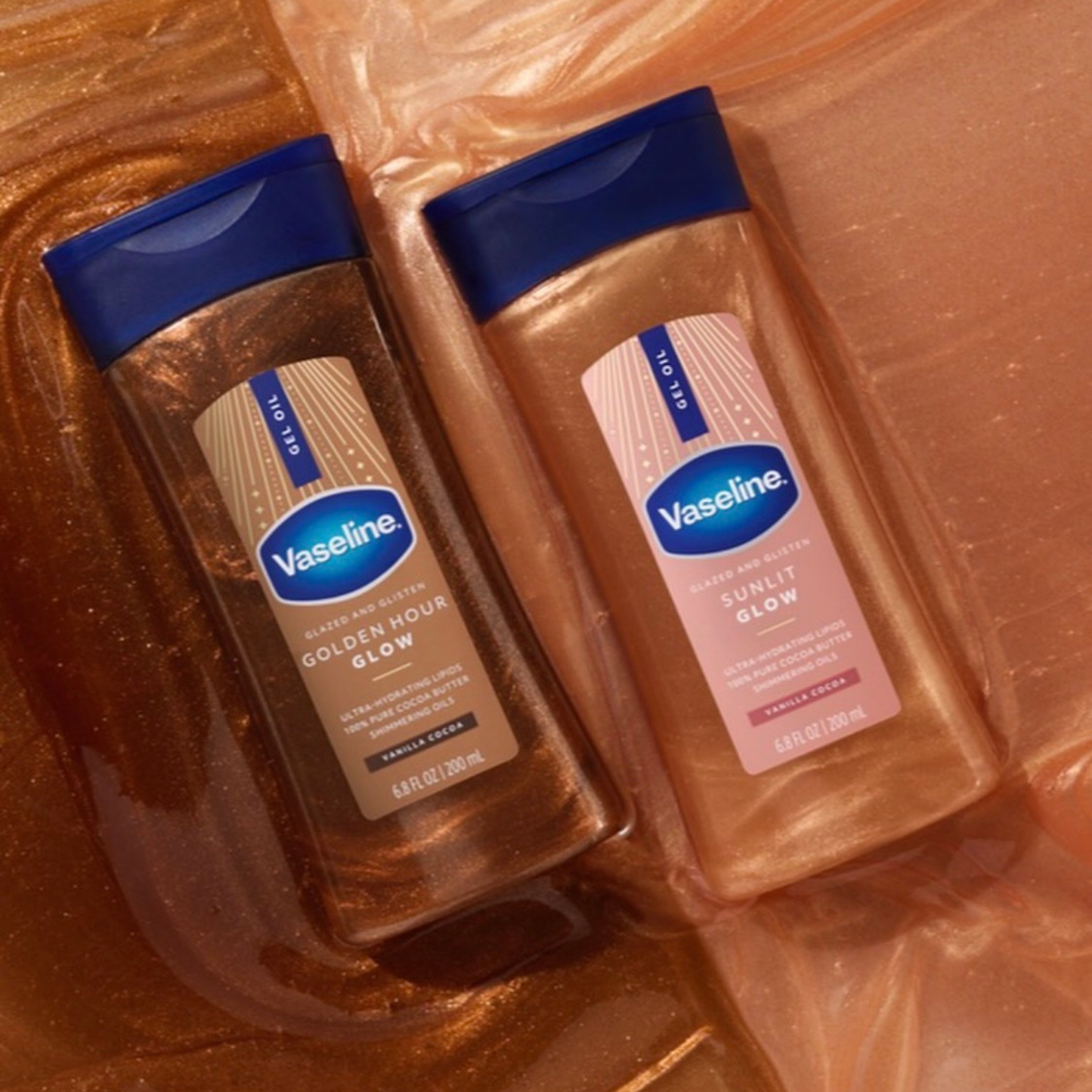 Vaseline Glazed & Glisten Sunlit Glow Vanilla Cocoa Shimmering Body Gel Oil with Ultra-Hydrating Lipids and 100% Pure Cocoa Butter, 6.8 fl Oz
