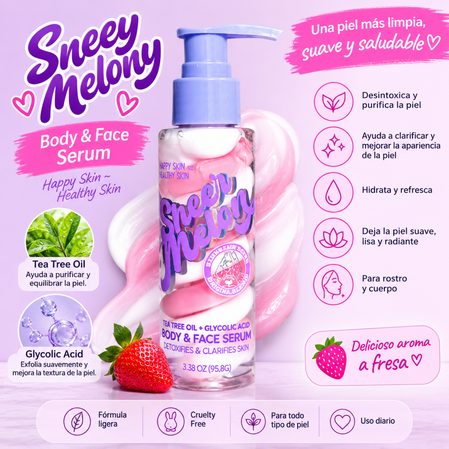 HAPPY SKIN Sheer Melody Body & Face Serum – Tea Tree Oil + Ácido Glicólico