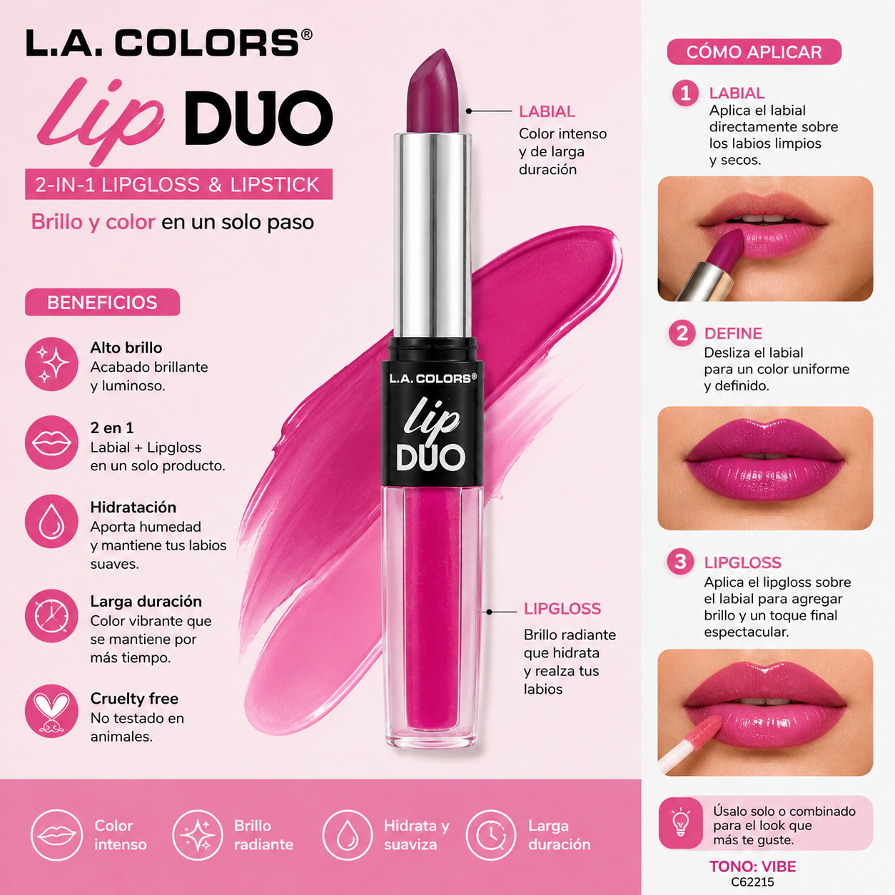 L.A. COLORS Lip Duo 2 en 1 – Labial y Lip Gloss