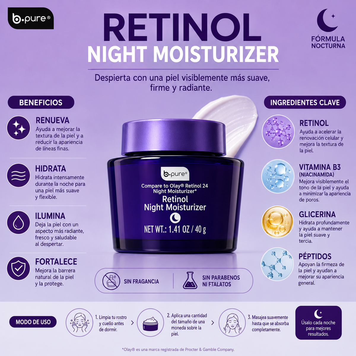 B.PURE, Crema Hidratante con Retinol, Noche