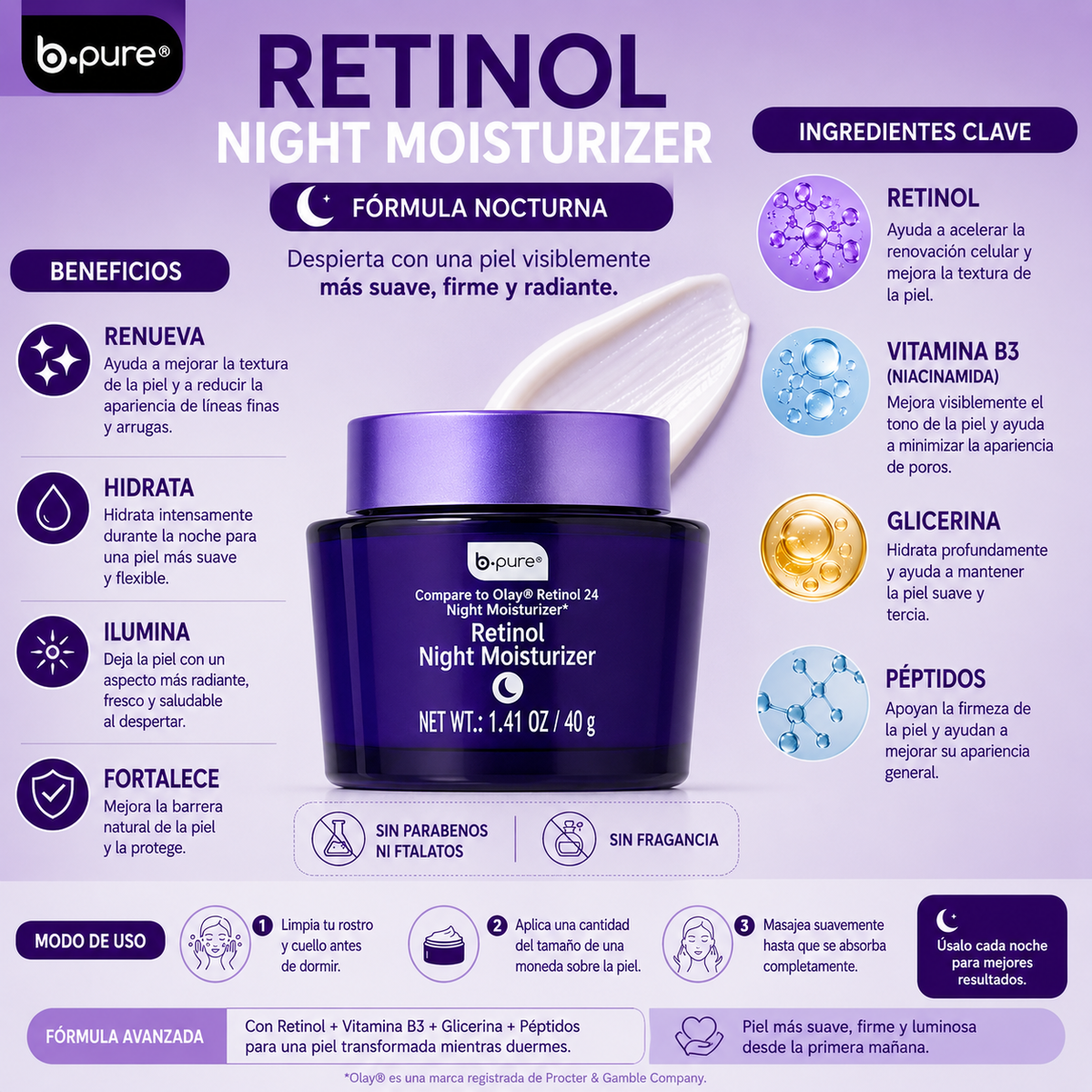 B.PURE, Crema Hidratante con Retinol, Noche