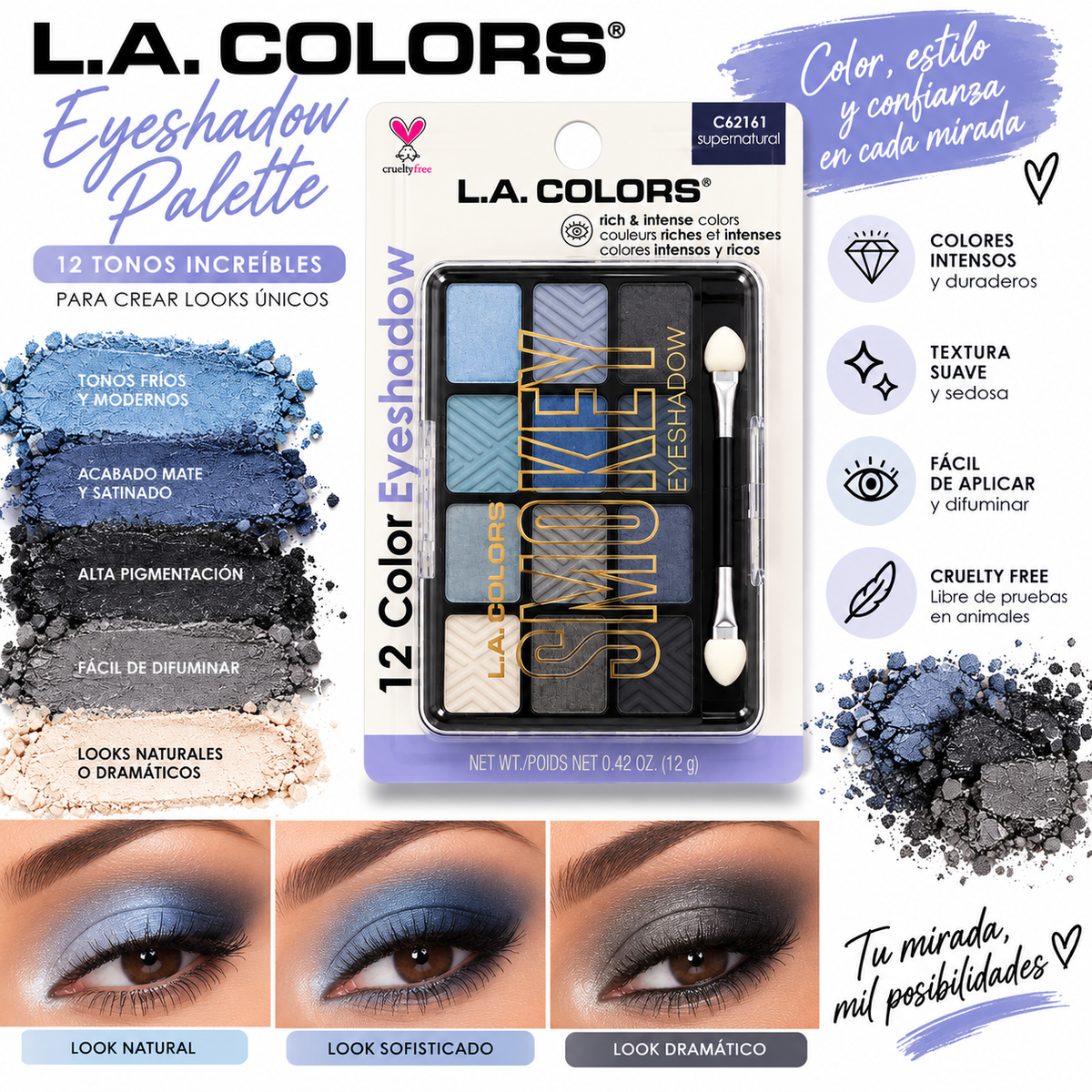 L.A. COLORS, 12 Paleta de Sombras (Super Natural)