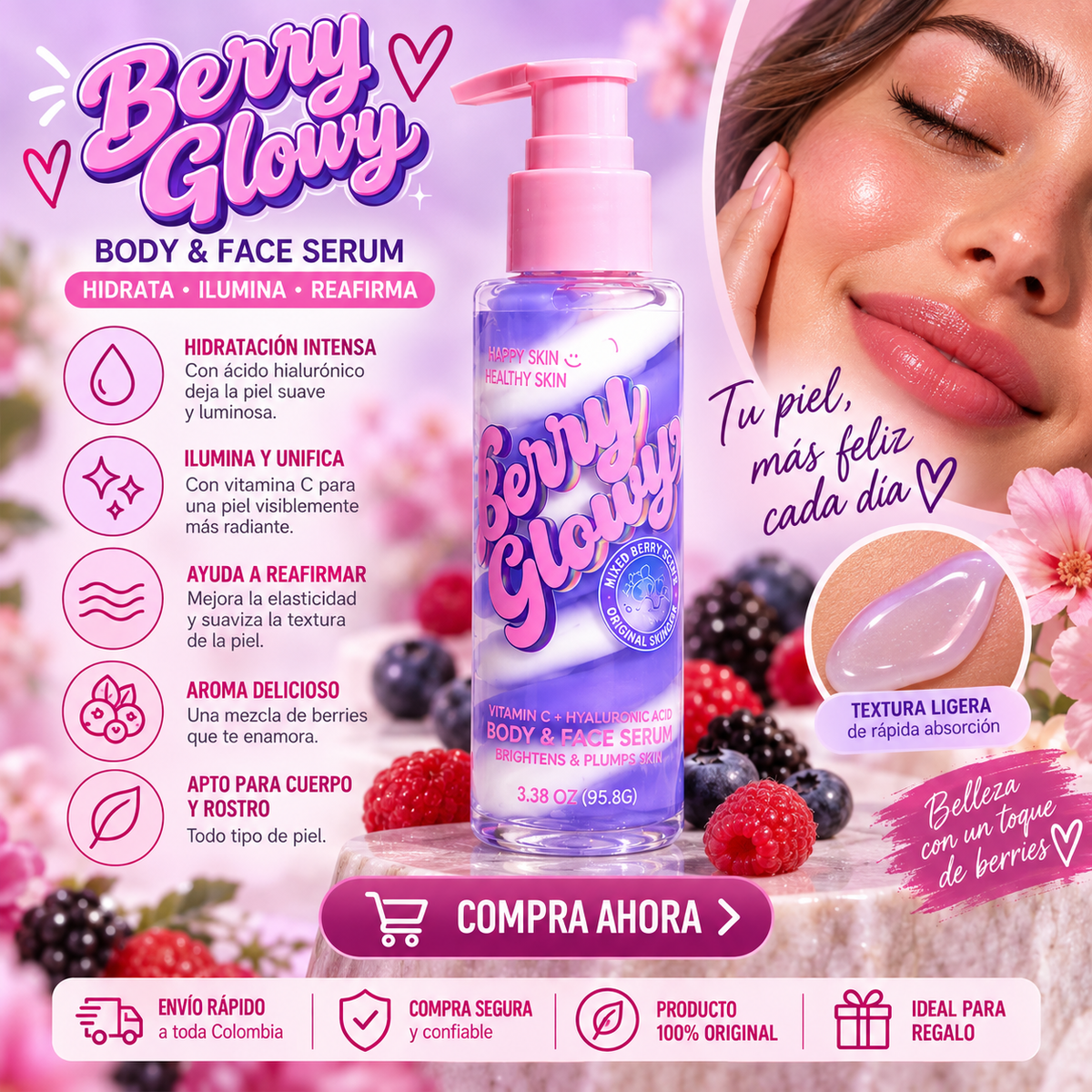 HAPPY SKIN Berry Glowy Body & Face Serum – Vitamina C + Ácido Hialurónico *37
